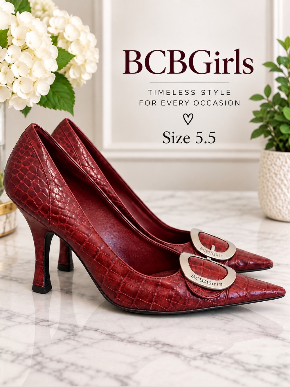 ❤️ BCBGirls Burgundy Croc Embossed Pointed Toe Pumps Heels Size 5.5